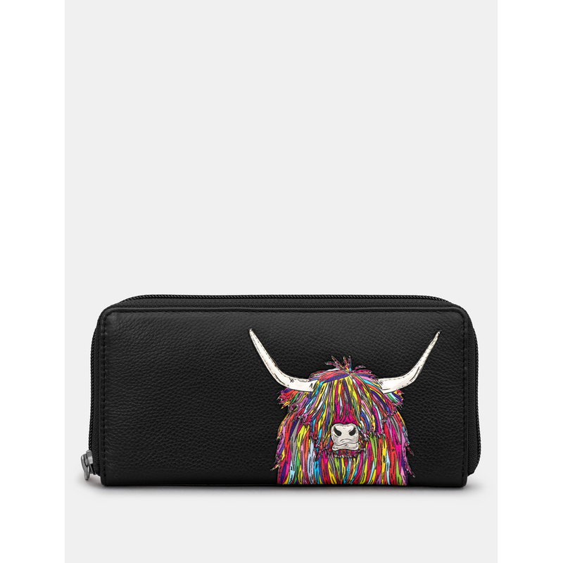 Yoshi Highland Cow Black Leather Zip Round Purse