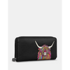 Yoshi Highland Cow Black Leather Zip Round Purse