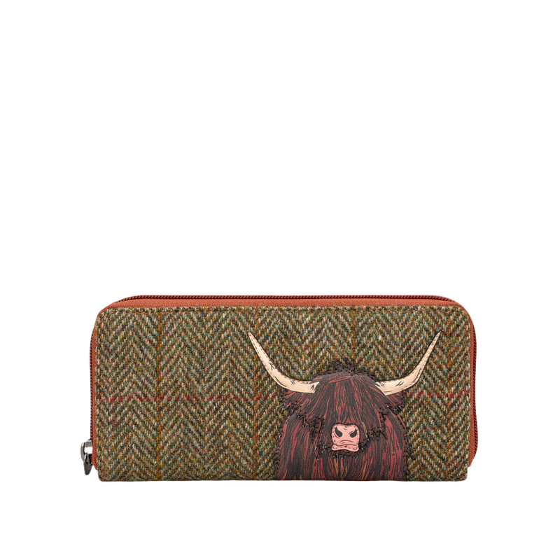 Yoshi Highland Cow Tweed Leather Zip Round Purse