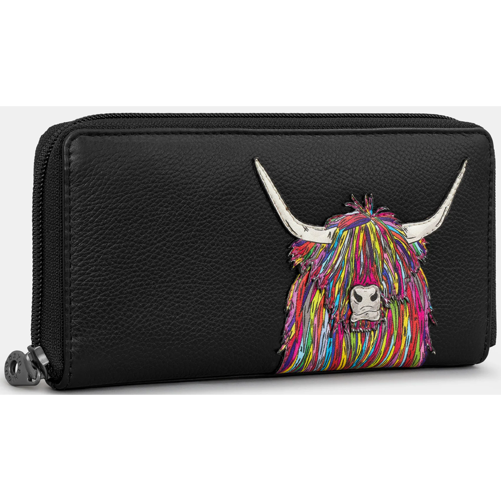 Yoshi Highland Cow Black Leather Zip Round Purse