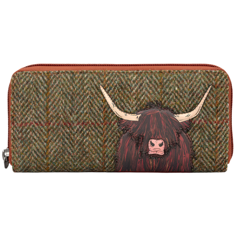 Yoshi Highland Cow Tweed Leather Zip Round Purse