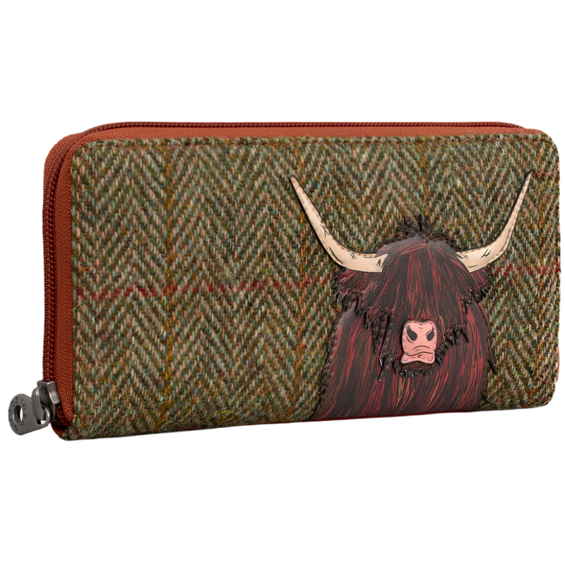 Yoshi Highland Cow Tweed Leather Zip Round Purse