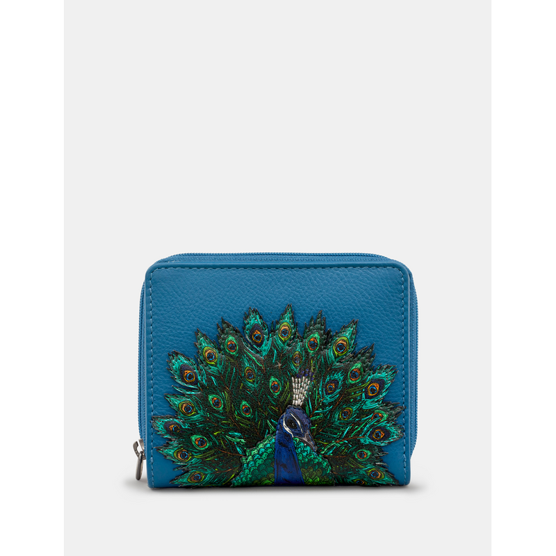 Yoshi Peacock Plume Petrol Blue Leather Zip Round Flap Over Purse