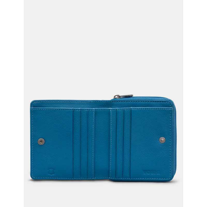 Yoshi Peacock Plume Petrol Blue Leather Zip Round Flap Over Purse