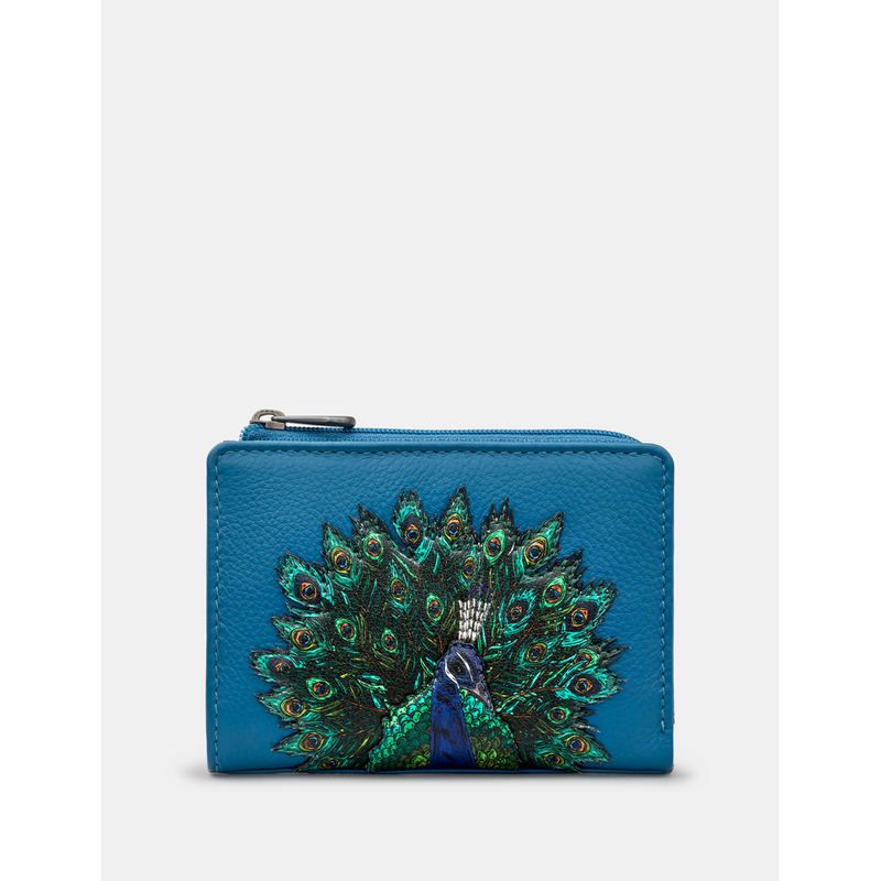 Yoshi Peacock Plume Petrol Blue Leather Flap Over Purse