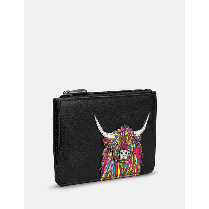 Yoshi Highland Cow Zip Top Black Leather Purse