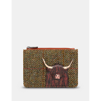 Yoshi Highland Cow Zip Top Tweed Leather Purse