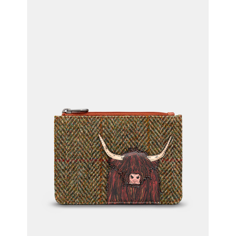 Yoshi Highland Cow Zip Top Tweed Leather Purse