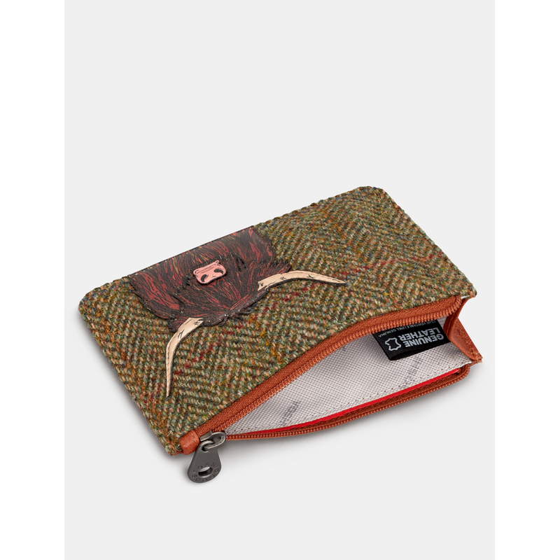 Yoshi Highland Cow Zip Top Tweed Leather Purse