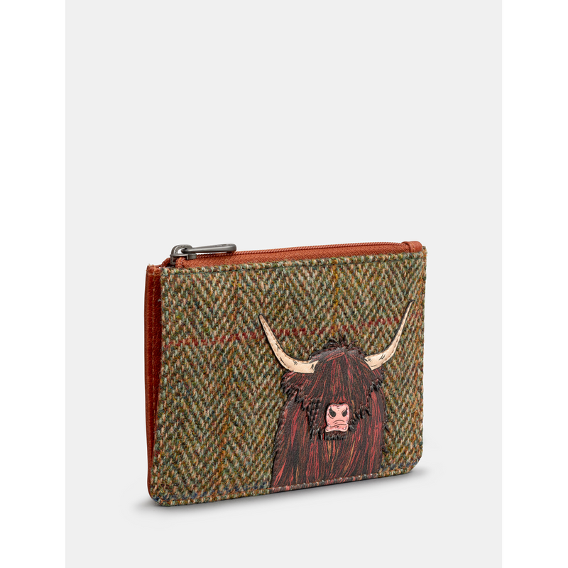 Yoshi Highland Cow Zip Top Tweed Leather Purse