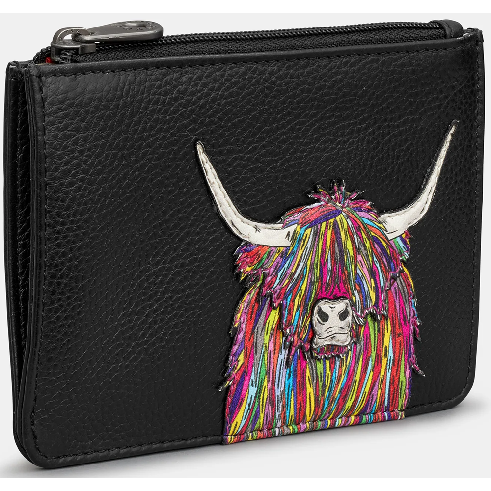 Yoshi Highland Cow Zip Top Black Leather Purse