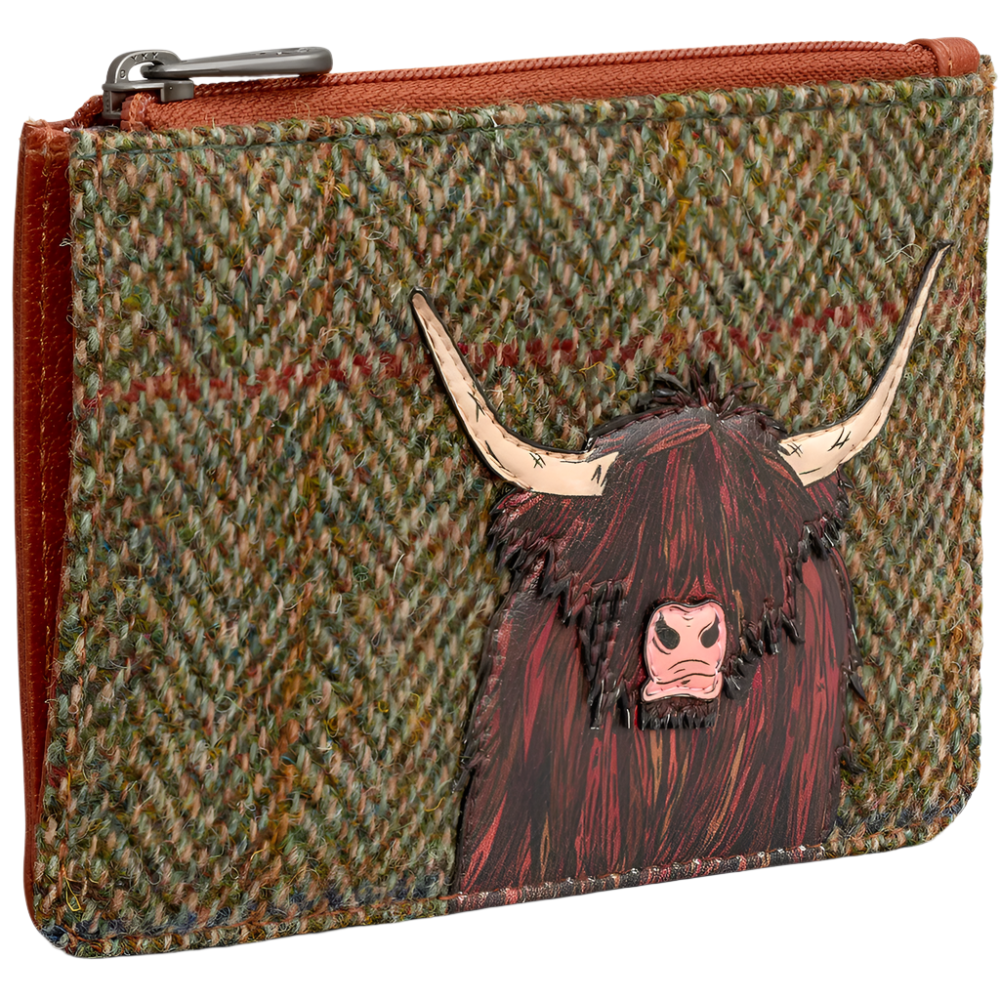 Yoshi Highland Cow Zip Top Tweed Leather Purse