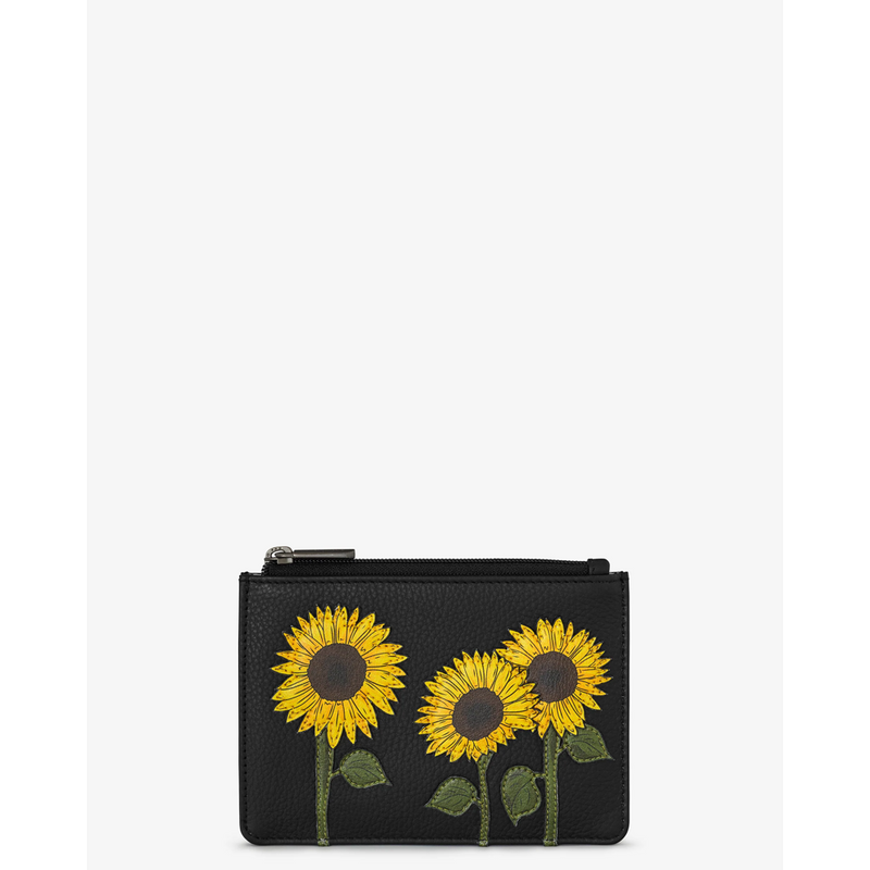 Yoshi Sunflowers Black Leather Zip Top Purse