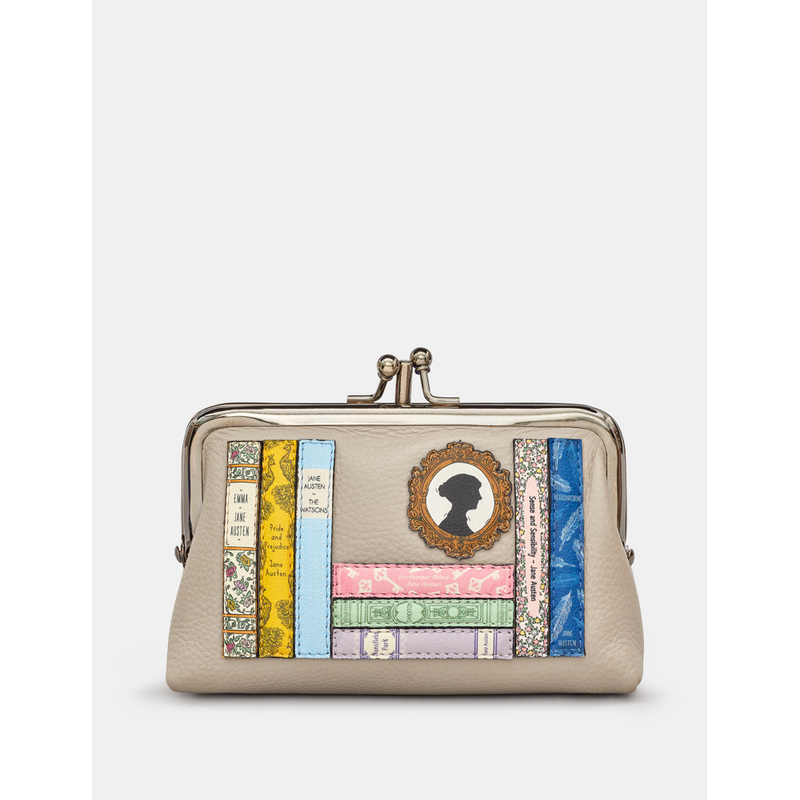 Yoshi Jane Austen Grey Bookworm Warm Grey Leather Triple Frame Purse