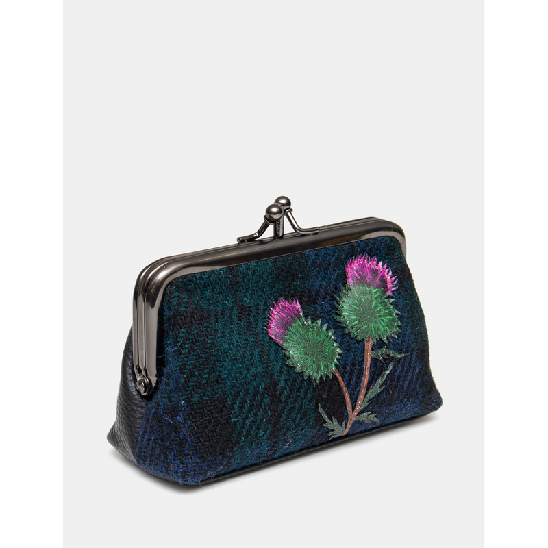 Yoshi Highland Thistle Harris Tweed Leather Triple Frame Purse