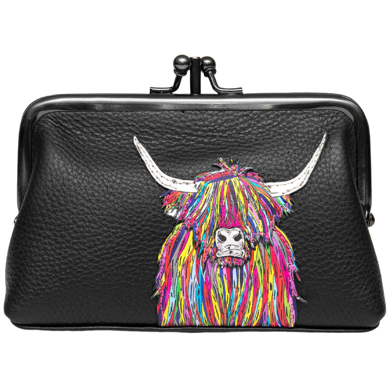 Highland Cow Black Leather Triple Frame Purse