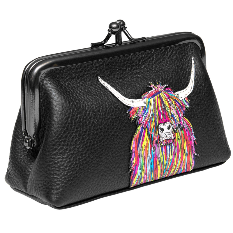 Highland Cow Black Leather Triple Frame Purse