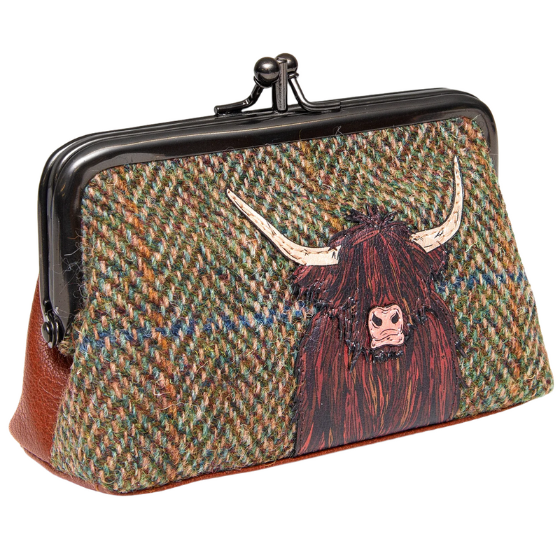 Highland Cow Harris Tweed Leather Triple Frame Purse