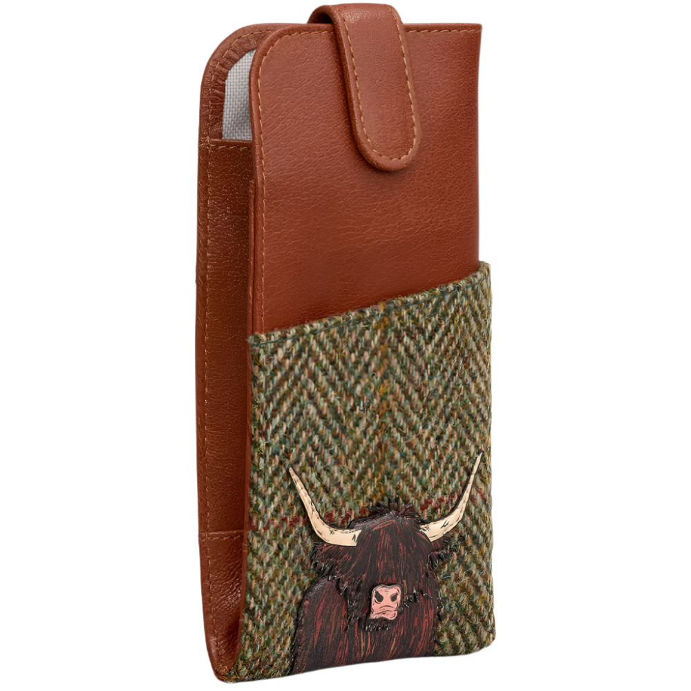 Yoshi Highland Cow Tweed Leather Glasses Case