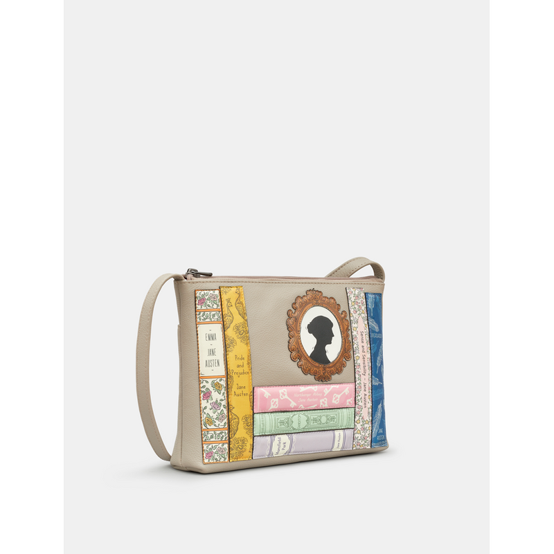 Yoshi Jane Austen Bookworm Warm Grey Leather Cross Body Bag