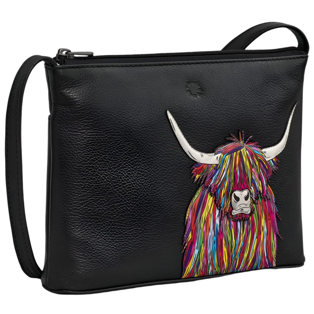 Yoshi Highland Cow Black Leather Cross Body Bag