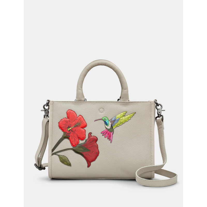 Yoshi Petals And Feathers Hummingbird Warm Grey Leather Grab Bag