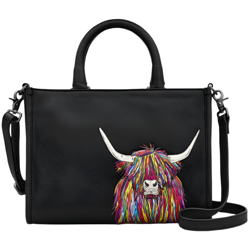 Yoshi Highland Cow Black Leather Grab Bag