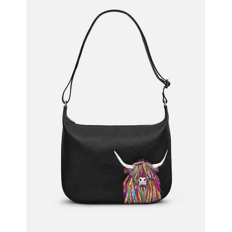 Yoshi Highland Cow Black Leather Hobo Bag