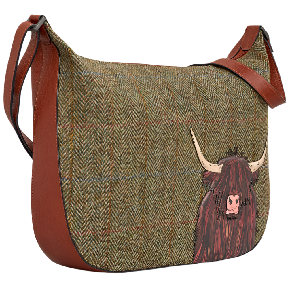 Yoshi Highland Cow Tweed Leather Hobo Bag