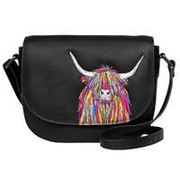 Highland Cow Flap Over Black Leather Cross Body Bag