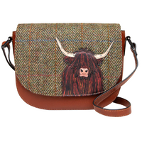 Highland Cow Flap Over Harris Tweed Leather Cross Body Bag