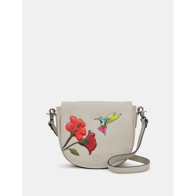 Yoshi Petals and Feathers Hummingbird Flap Over Warm Grey Leather Cross Body Bag