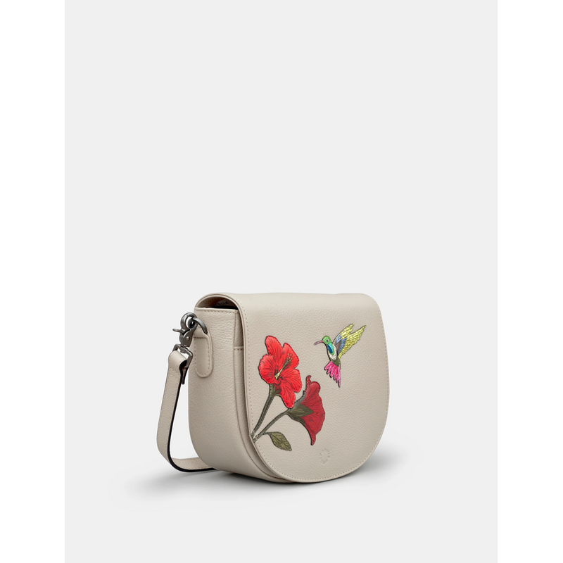 Yoshi Petals and Feathers Hummingbird Flap Over Warm Grey Leather Cross Body Bag