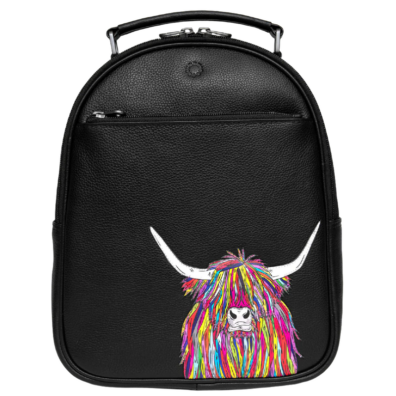 Highland Cow Black Leather Backpack