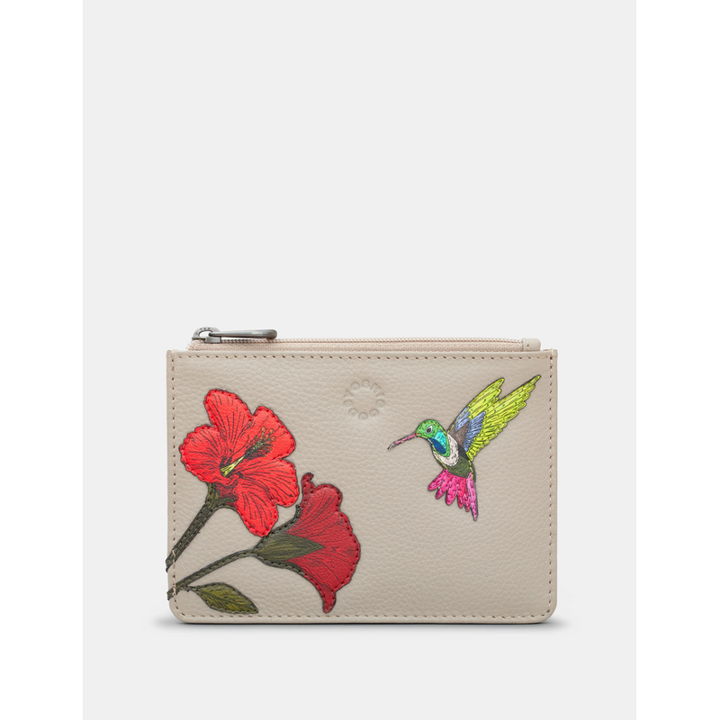 Yoshi Petals & Feathers Hummingbird Zip Top Warm Grey Leather Purse