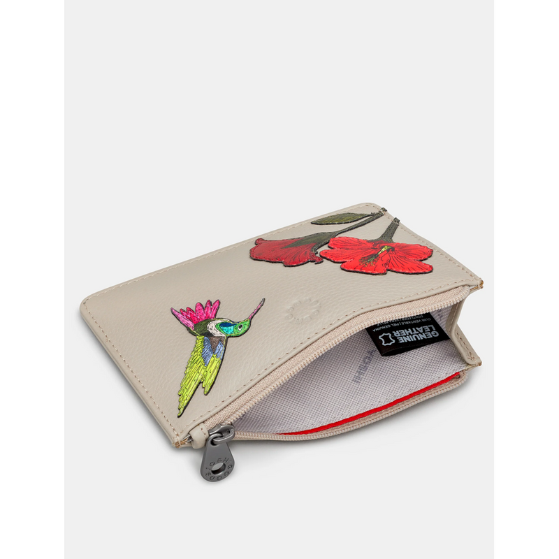 Yoshi Petals & Feathers Hummingbird Zip Top Warm Grey Leather Purse