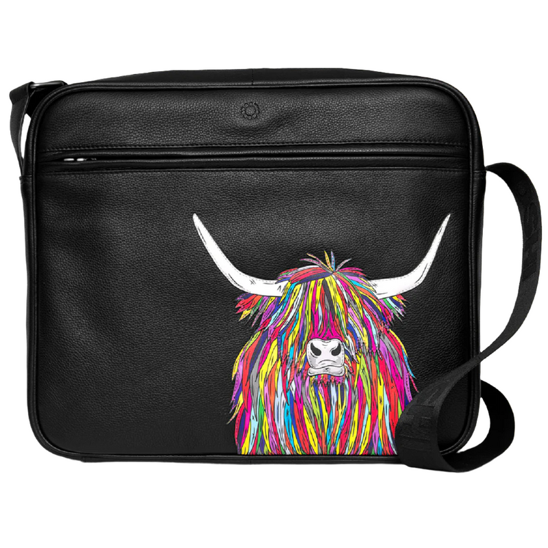 Highland Cow Black Leather Messenger Bag