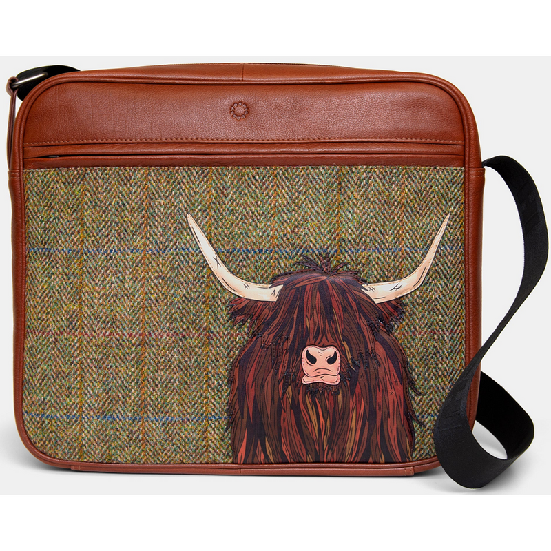 Highland Cow Harris Tweed Leather Messenger Bag