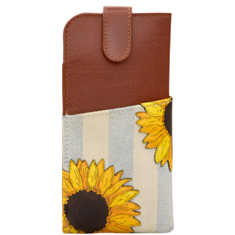 Yoshi Sunflower Bloom Brown Leather Glasses Case with Tab
