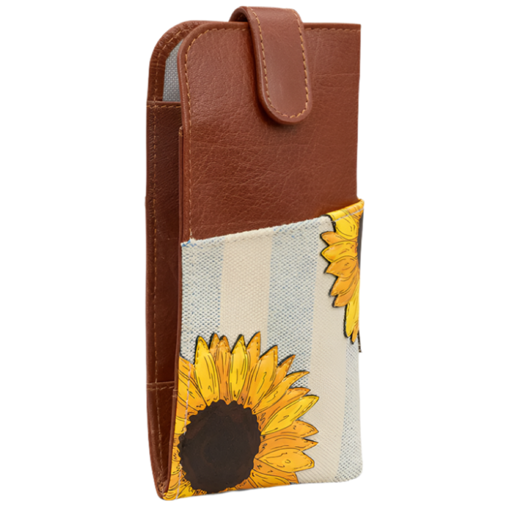 Yoshi Sunflower Bloom Brown Leather Glasses Case with Tab