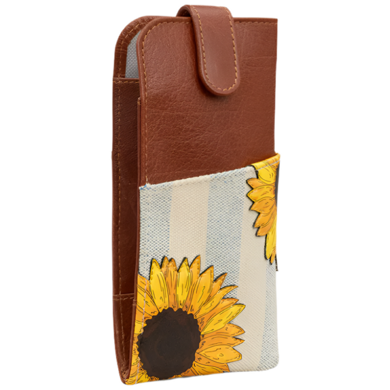 Yoshi Sunflower Bloom Brown Leather Glasses Case with Tab