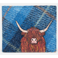 Yoshi Highland Cow Blue Harris Tweed Leather Wallet