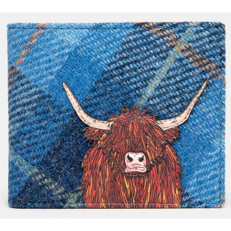 Yoshi Highland Cow Blue Harris Tweed Leather Wallet