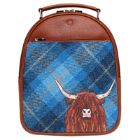 Yoshi Highland Cow Blue Harris Tweed Leather Backpack