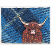 Yoshi Highland Cow Blue Harris Tweed Leather Card Holder