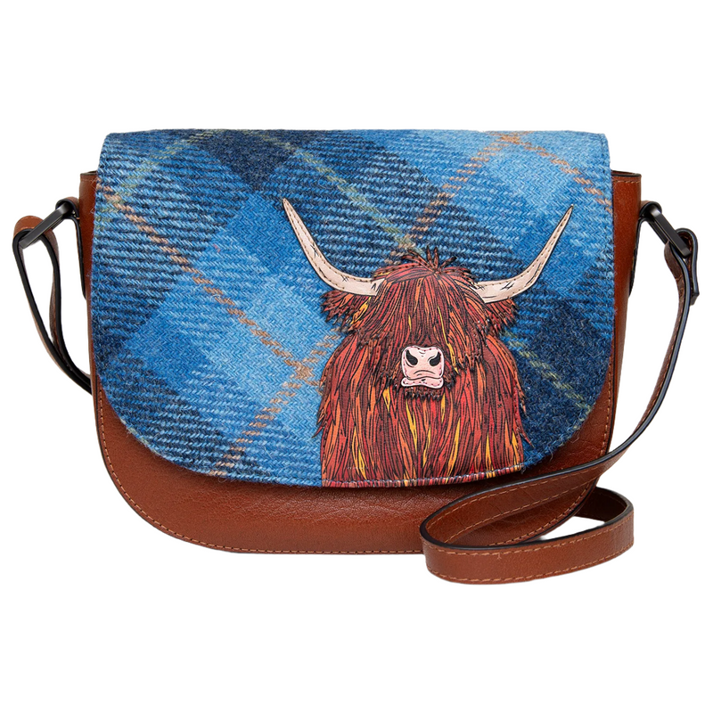 Yoshi Highland Cow Flap Over Blue Harris Tweed Leather Cross Body Bag