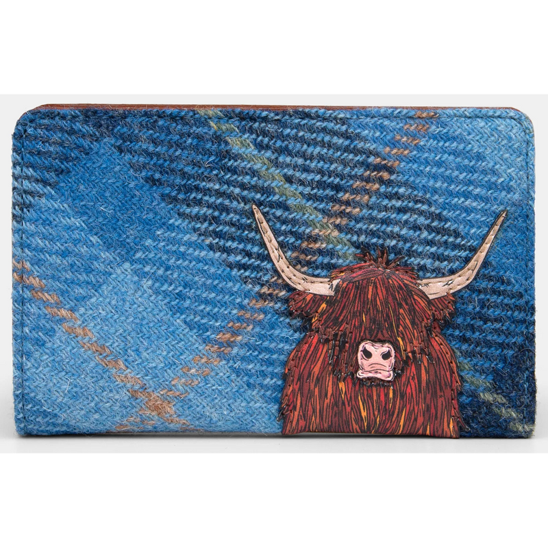 Yoshi Highland Cow Blue Harris Tweed Flap Over Zip Around Leather Purse