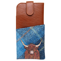 Yoshi Highland Cow Blue Harris Tweed Leather Glasses Case