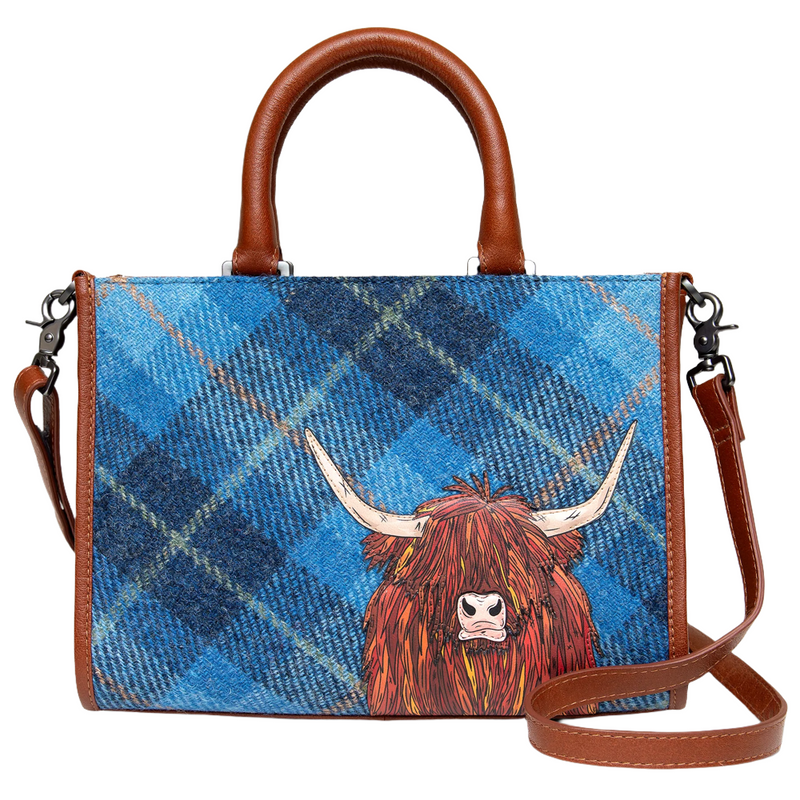 Yoshi Highland Cow Blue Harris Tweed Leather Grab Bag