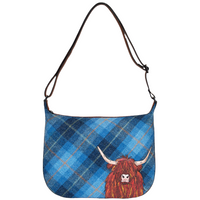 Yoshi Highland Cow Blue Harris Tweed Leather Hobo Bag